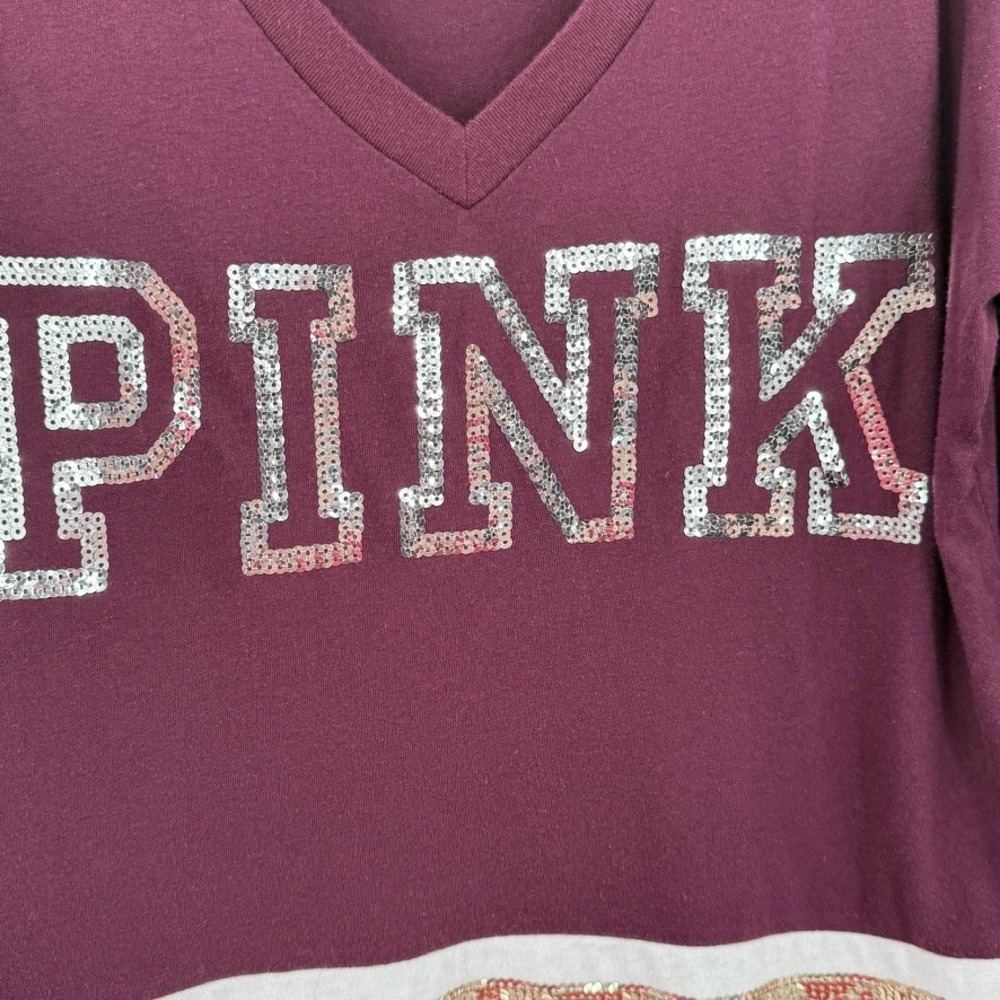 PINK Victoria's Secret Sequins V‎ Neck Long Sleeve Sweatshirt Burgundy XS - Picture 11 of 16